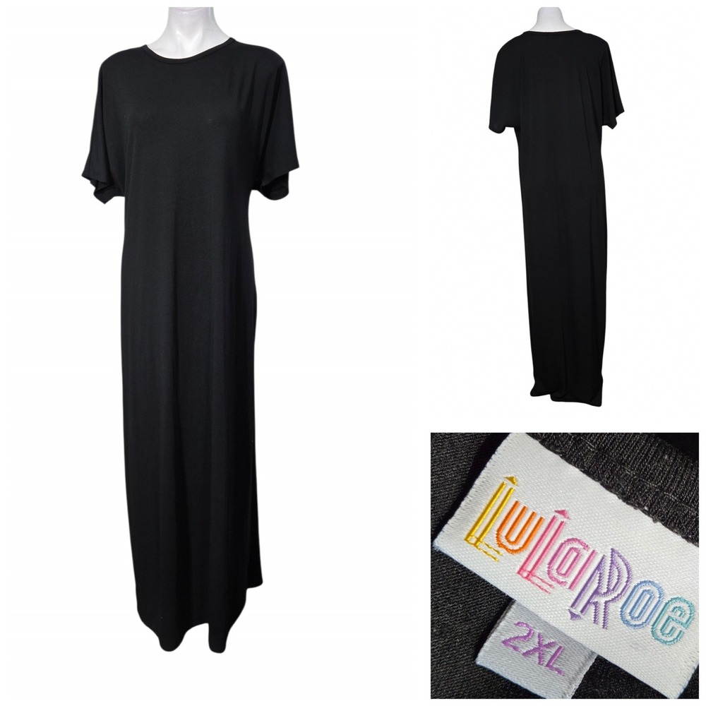 LuLaRoe Ana Maxi Dress 2XL Black Short Sleeve Scoop Neck Stretch Jersey Knit